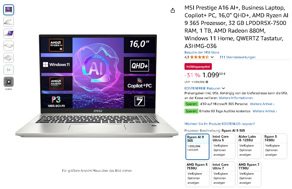 Screenshot der MSI Prestige A16