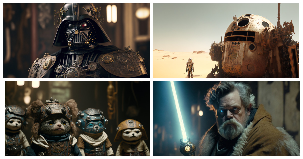 Neuronales Netzwerk stellt Planeten und ikonische Star Wars-Figuren im Steampunk-Stil dar Neuronales Netzwerk stellt Planeten und ikonische Star Wars-Figuren im Steampunk-Stil dar