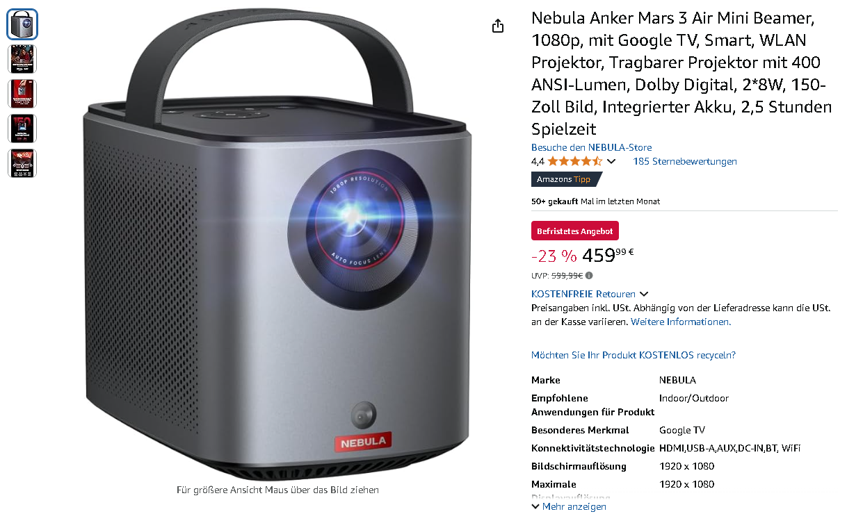 Nebula Mars 3 Air Smart Projektor Screenshot der Nebula Mars 3 Air