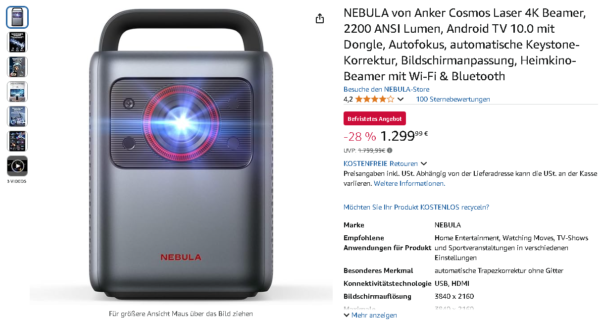NEBULA Cosmos Laser 4K Projektor von Anker