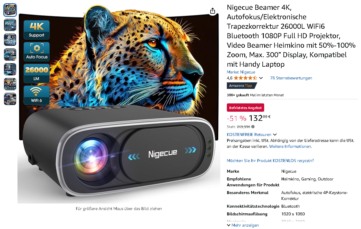 Nigecue C16 4K Beamer Screenshot des Nigecue C16 4K Beamers