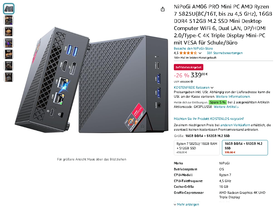NiPoGi AM06 PRO Mini PC Screenshot des NiPoGi AM06 PRO Mini PCs