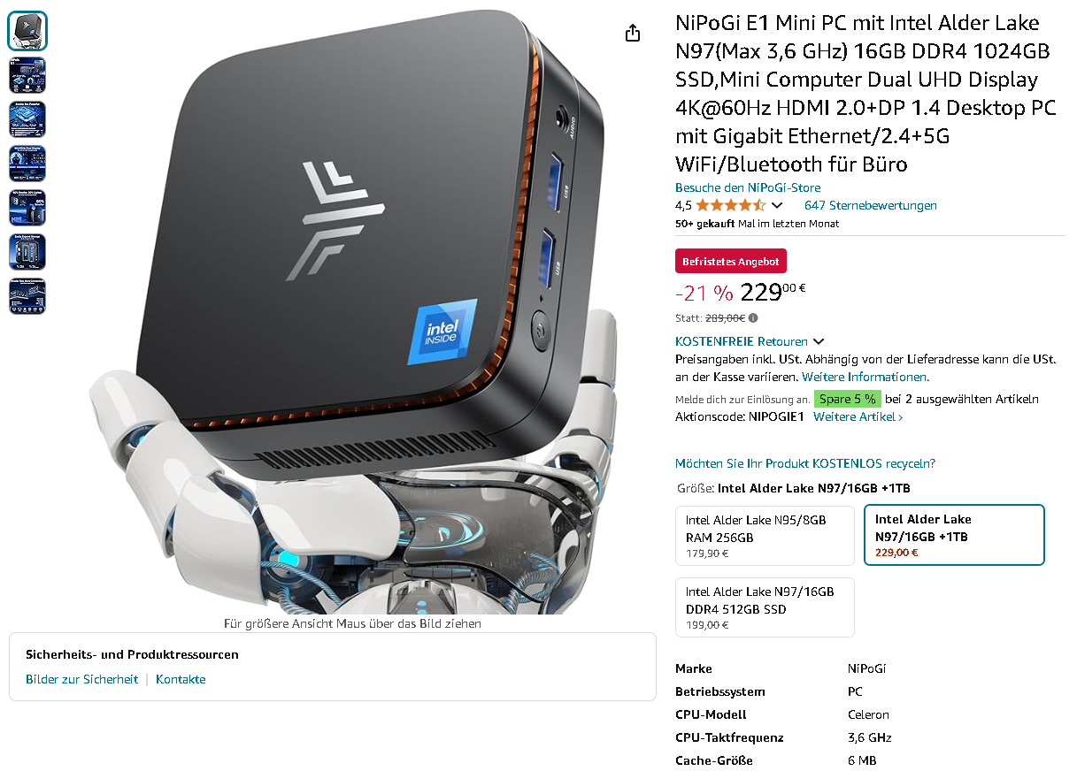 NiPoGi E1 Mini PC Screenshot der NiPoGi E1 auf Amazon