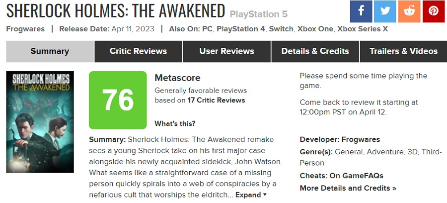 Monoton und langweilig: Die Kritiker haben das Remake von Sherlock Holmes: The Awakened mäßig bewertet. Das Spiel erhielt eine durchschnittliche Punktzahl auf Aggregatoren-2 Monoton und langweilig: Die Kritiker haben das Remake von Sherlock Holmes: The Awakened mäßig bewertet. Das Spiel erhielt eine durchschnittliche Punktzahl auf Aggregatoren-2