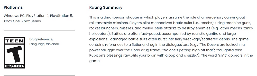 Teenager erlaubt: ESRB-Bewertungsausschuss erteilt Altersfreigabe für Armored Core VI von FromSoftware: Fires of Rubicon-2 Teenager erlaubt: ESRB-Bewertungsausschuss erteilt Altersfreigabe für Armored Core VI von FromSoftware: Fires of Rubicon-2