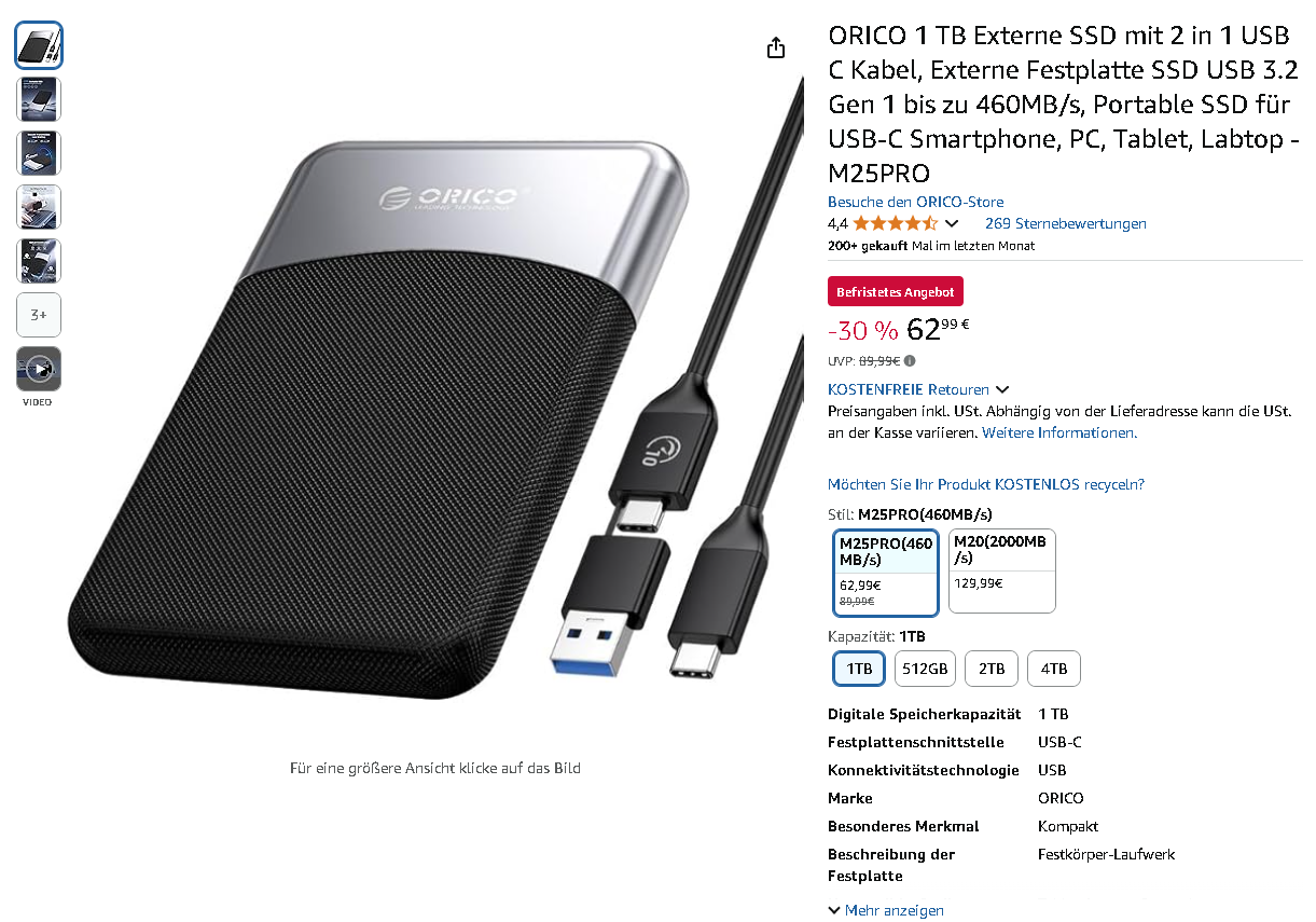 Screenshot der ORICO Externe SSD