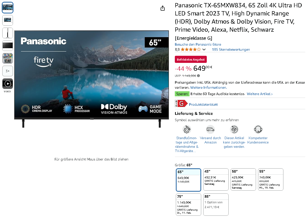 Screenshot der Panasonic TX-65MXW834 bei Amazon