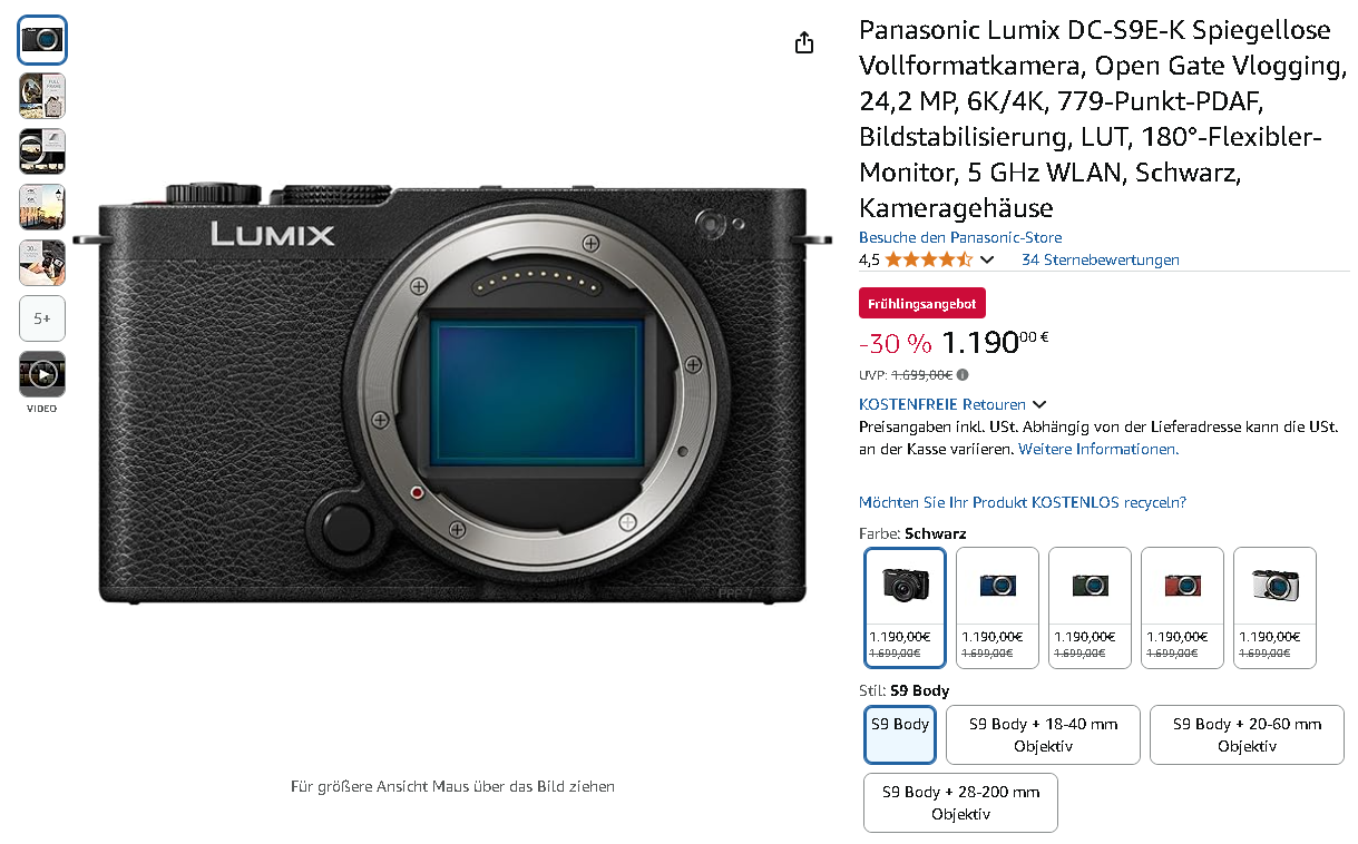 Screenshot der Panasonic Lumix DC-S9E-K Kamera