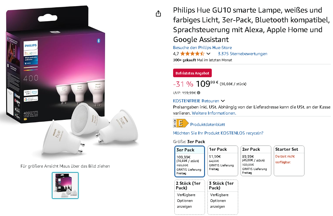 Screenshot der Philips Hue GU10. Quelle: Amazon Philips Hue GU10 Smart Lampen