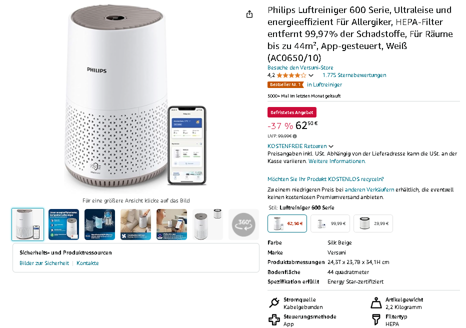 Screenshot der Philips 600 Luftreiniger. Quelle: Amazon Screenshot der Philips 600 Luftreiniger