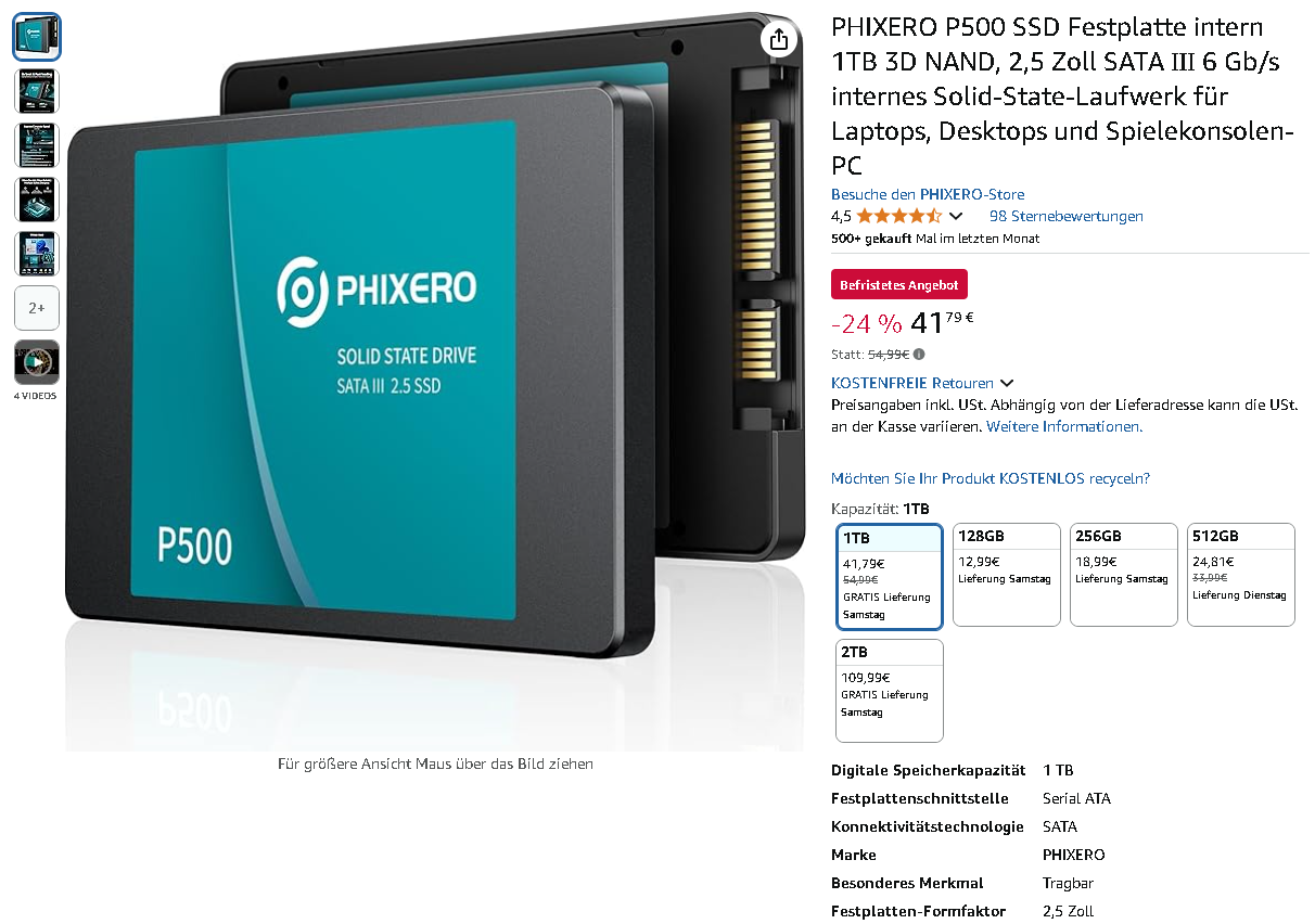 Screenshot der PHIXERO P500 1TB SSD
