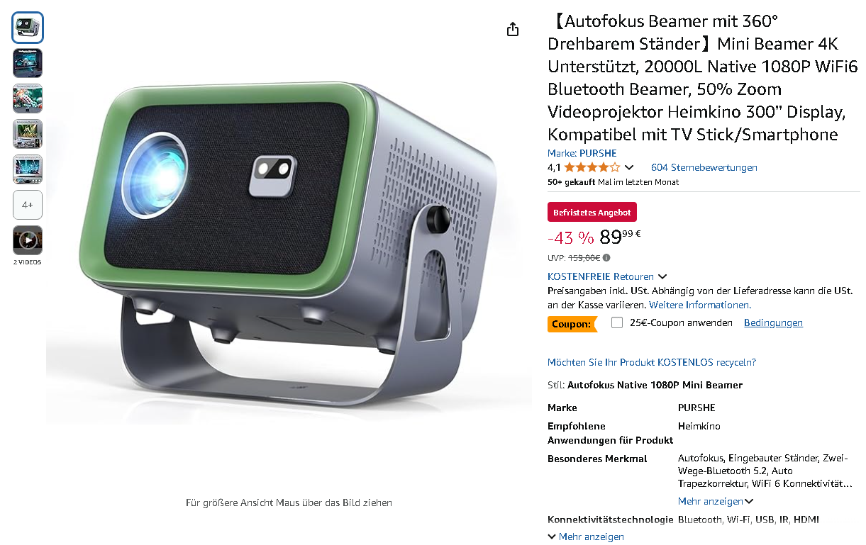Screenshot der PURSHE Mini Beamer. Quelle: Amazon