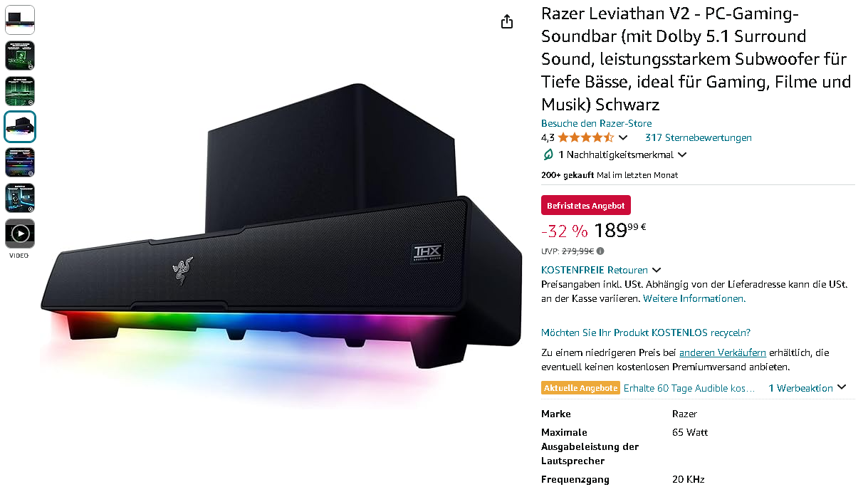 Gaming Soundbar Razer Leviathan V2