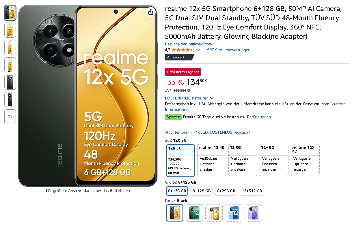 Screenshot der realme 12x. Quelle: Amazon Screenshot des realme 12x Smartphones