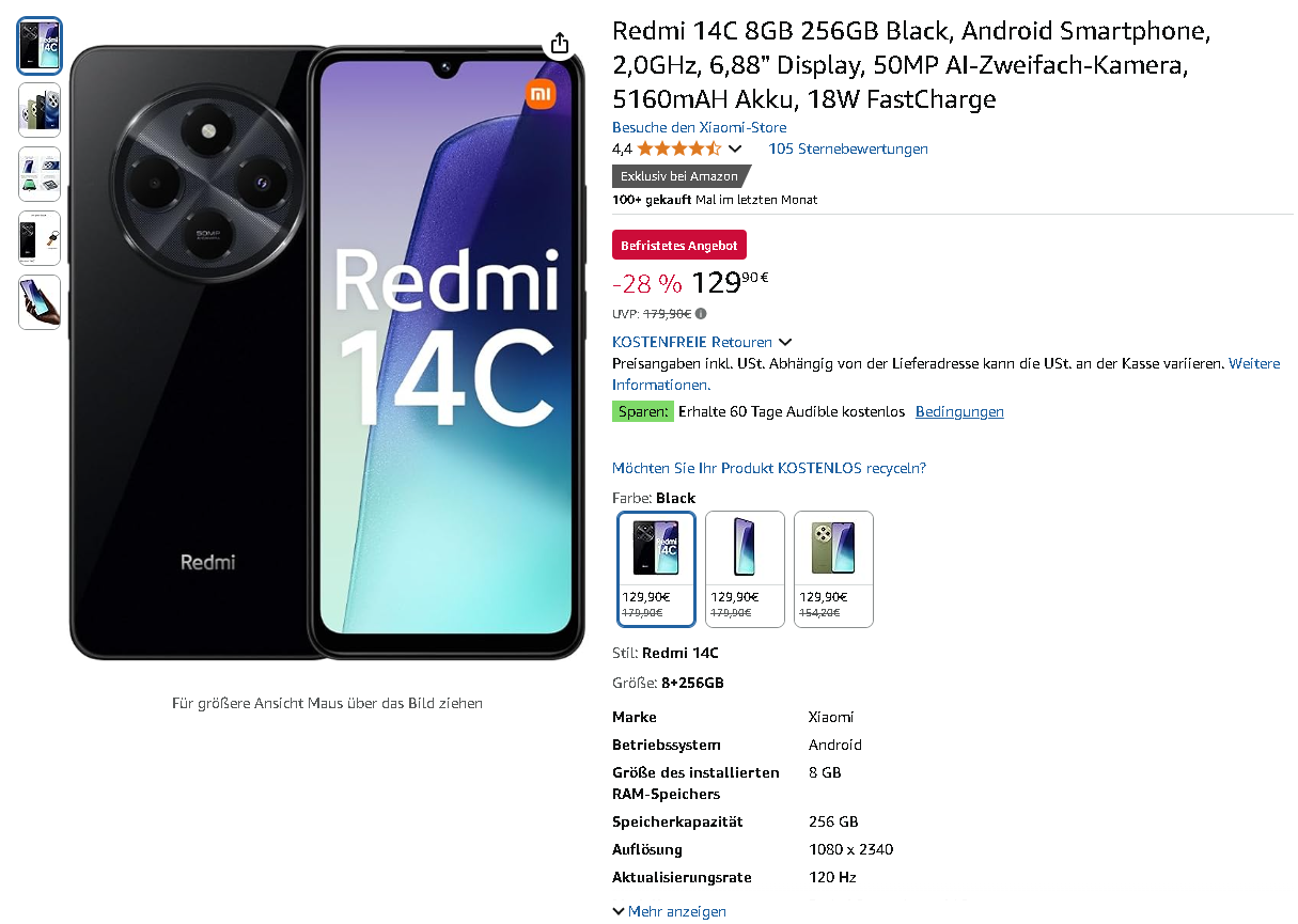 Screenshot der Xiaomi Redmi 14C auf Amazon