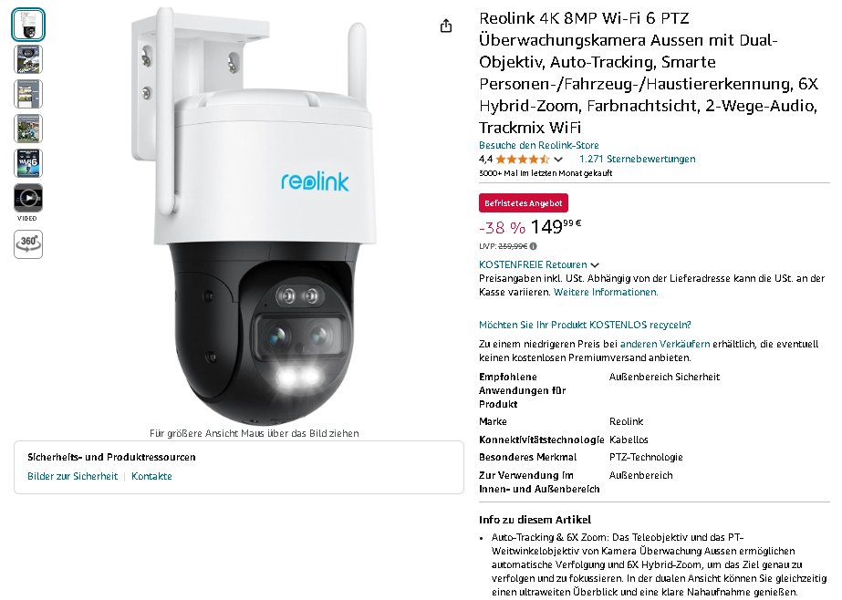Reolink PTZ 4K Überwachungskamera Screenshot der Reolink PTZ 4K Kamera