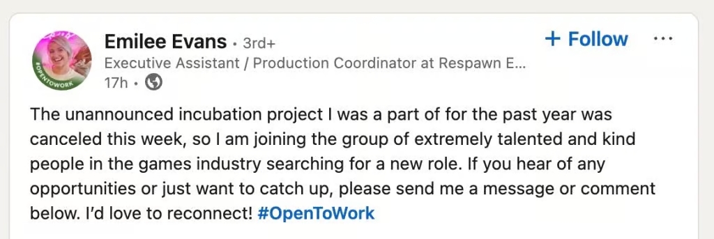 Absage eines neuen Spiels von Respawn Screenshot des Posts des Produzenten auf LinkedIn