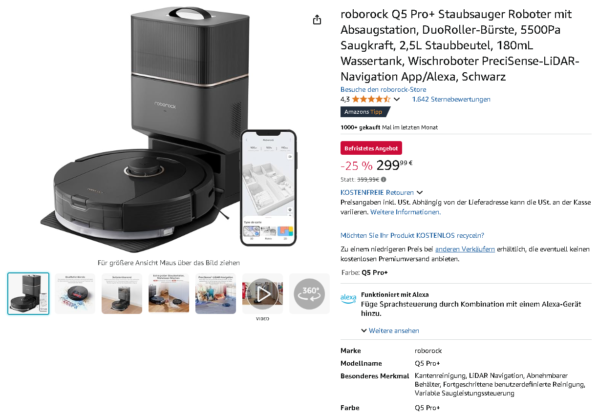 roborock Q5 Pro+ auf Amazon Screenshot des roborock Q5 Pro+.