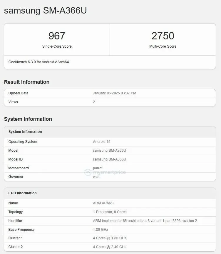Geekbench-Ergebnis für Galaxy A36 Geekbench-Ergebnis für Galaxy A36