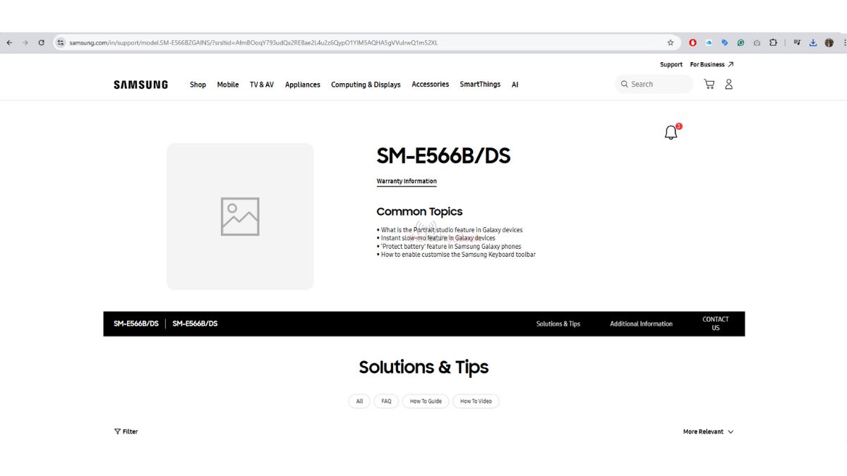 Samsung Galaxy F56 Support-Seite in Indien