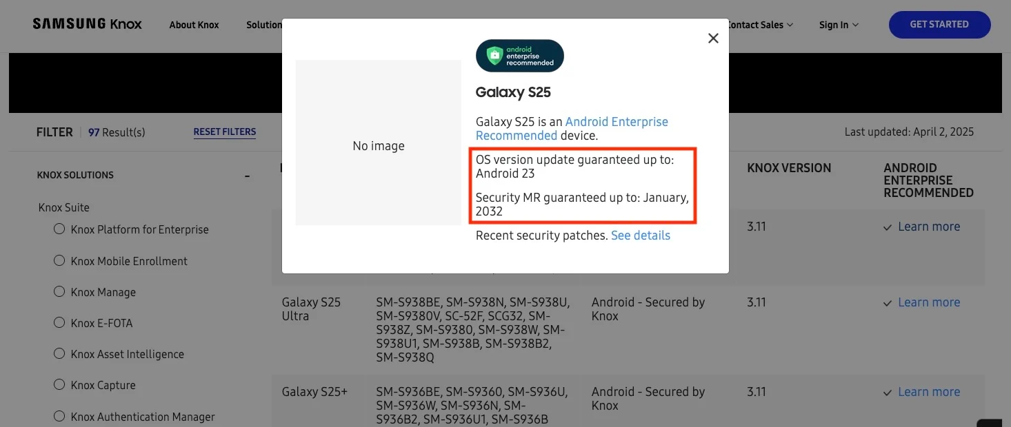 Unterstützung für Galaxy S25 Enterprise Edition, Galaxy S25+ Enterprise Edition und Galaxy S25 Ultra Enterprise Edition