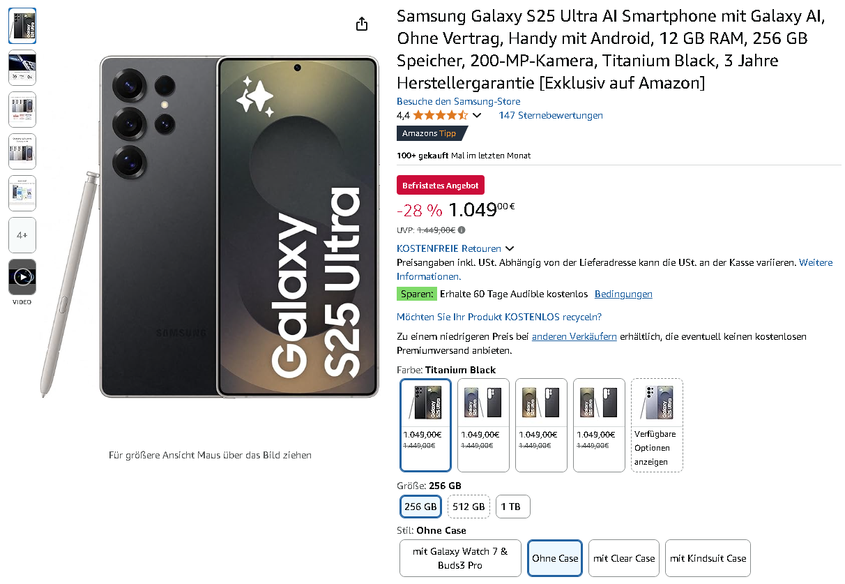 Screenshot der Galaxy S25 Ultra
