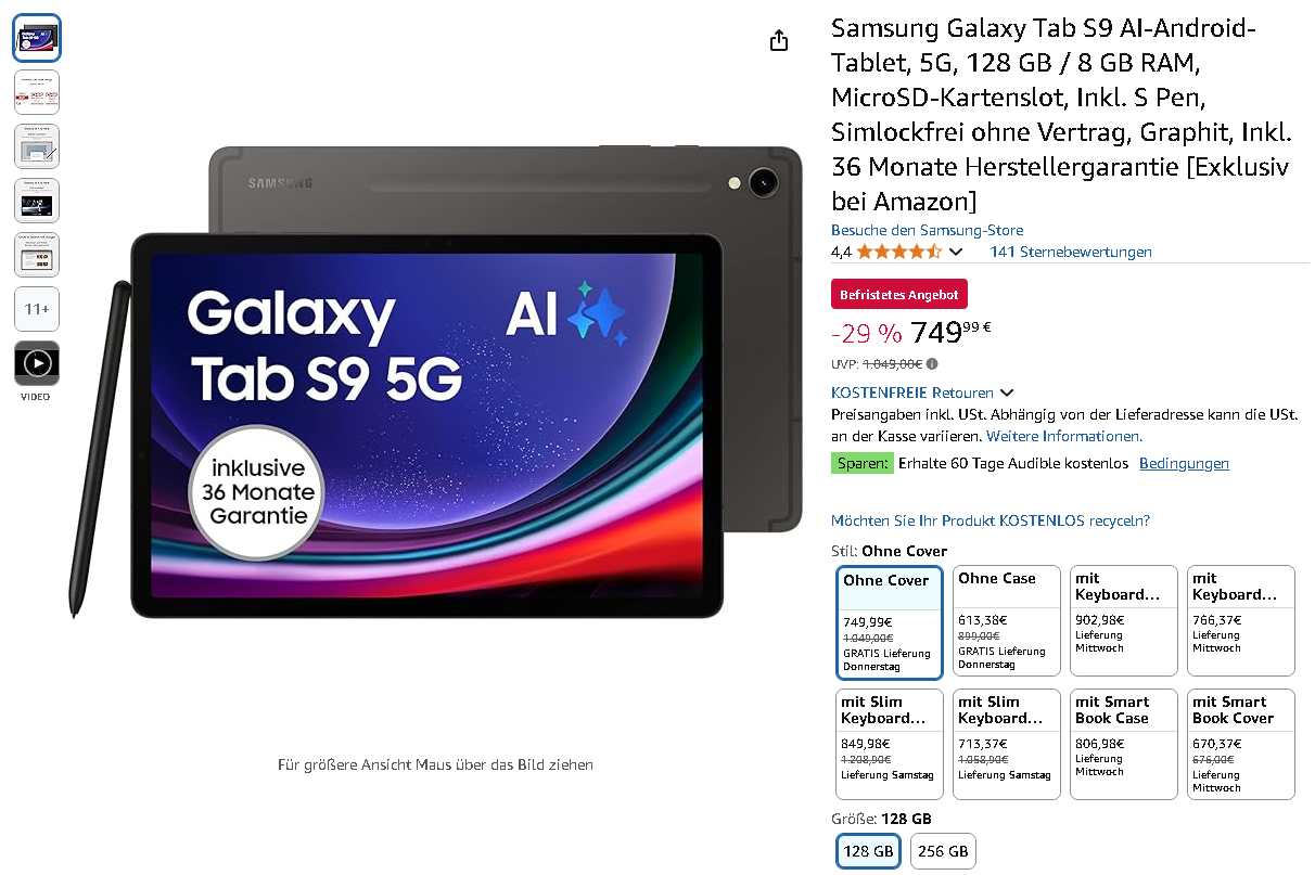 Samsung Galaxy Tab S9 Screenshot Screenshot des Samsung Galaxy Tab S9 auf Amazon