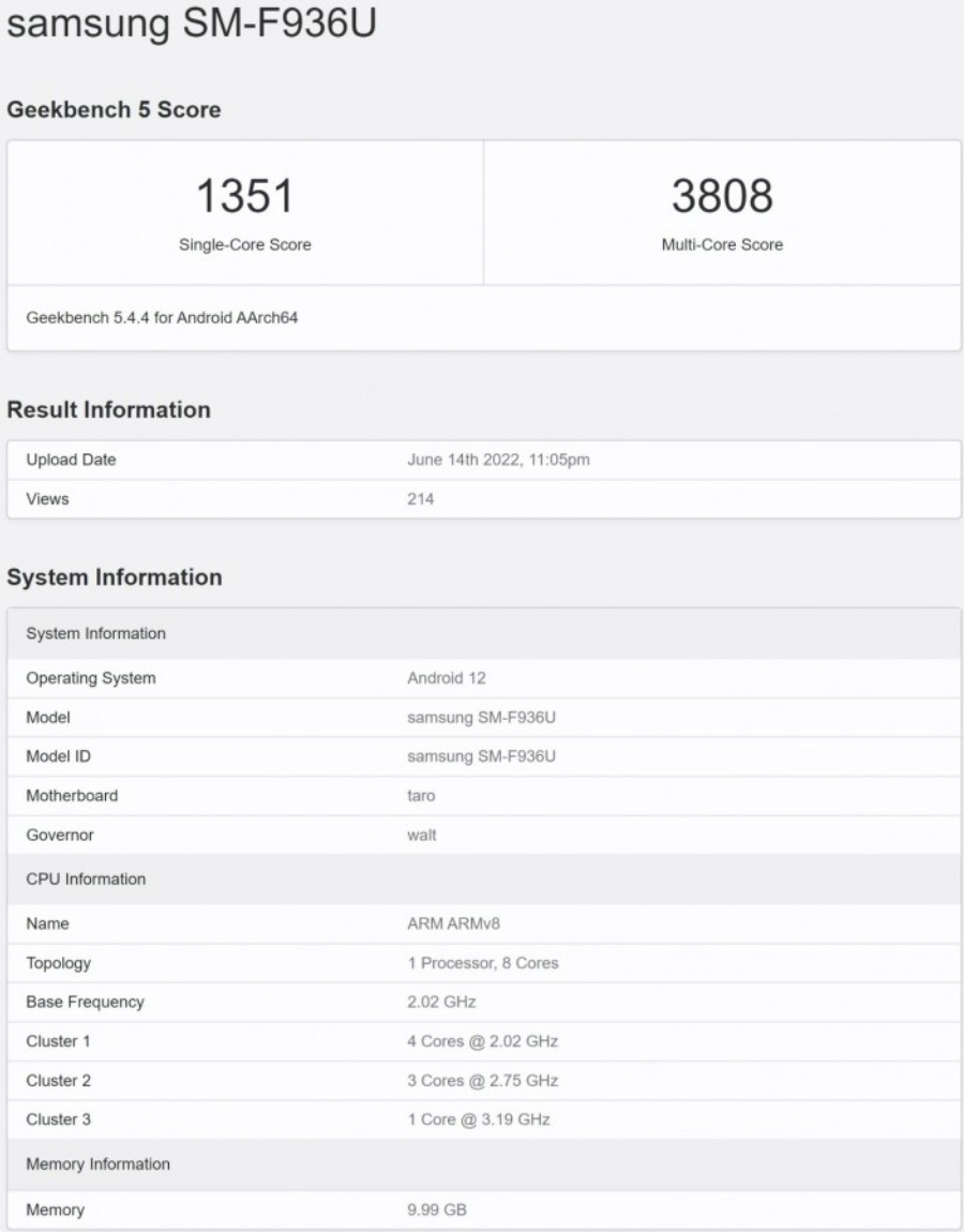 Samsung Galaxy Z Fold4 Schlüsselspezifikationen erschienen auf Geekbench-2 Samsung Galaxy Z Fold4 Schlüsselspezifikationen erschienen auf Geekbench-2