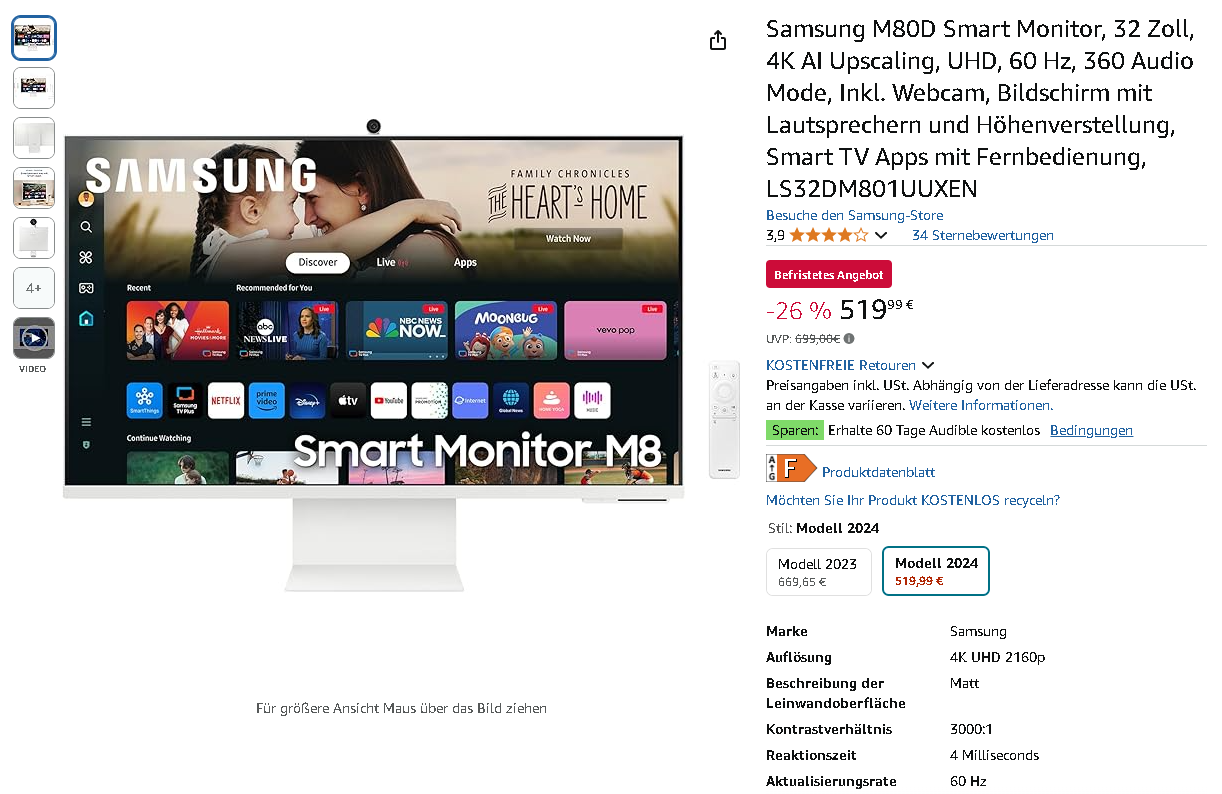 Samsung M80D Smart Monitor Screenshot der Samsung M80D