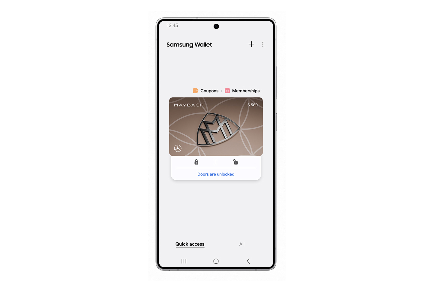 Screenshot der Samsung Wallet mit einem digitalen Schlüssel für Mercedes-Benz