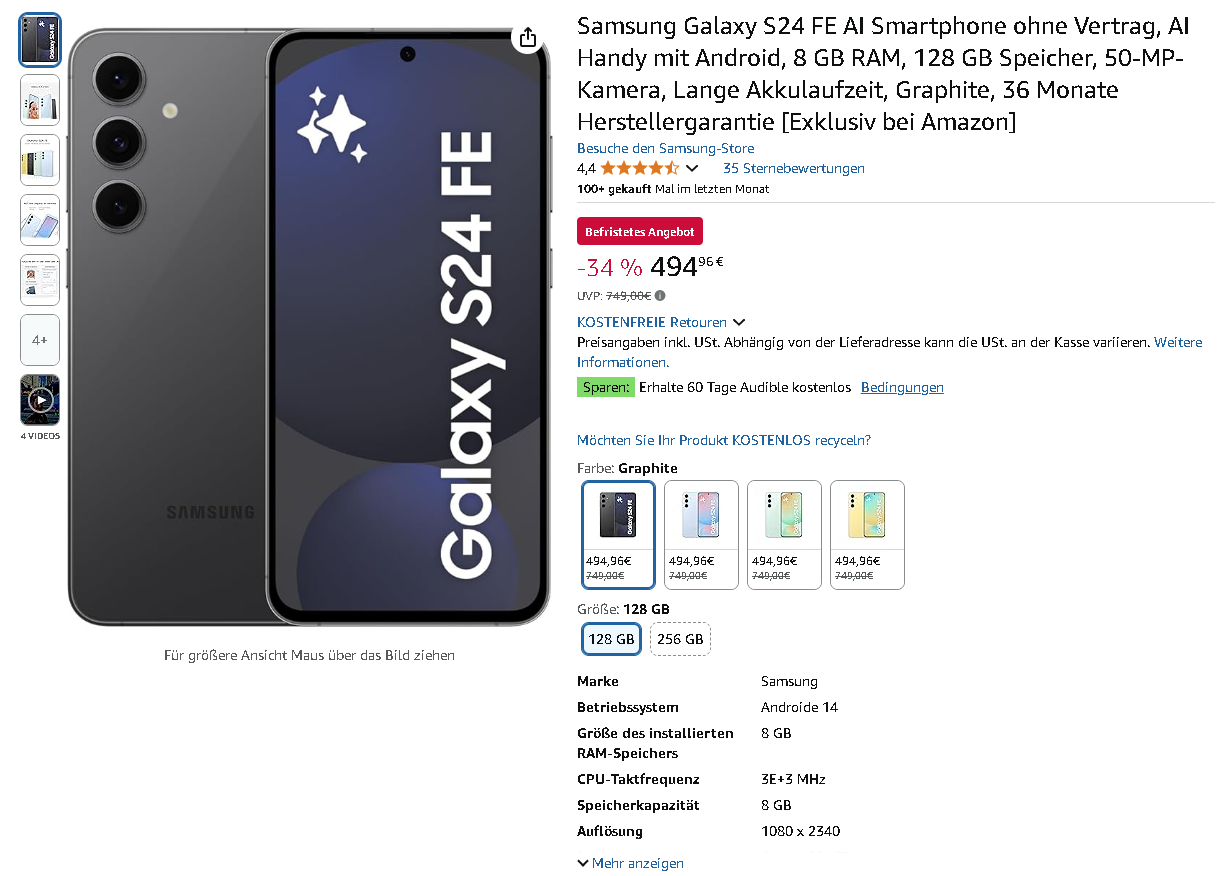 Screenshot der Samsung Galaxy S24 FE