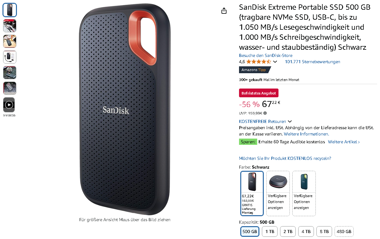 Screenshot der SanDisk Extreme Portable SSD. Quelle: Amazon SanDisk Extreme Portable SSD 500GB