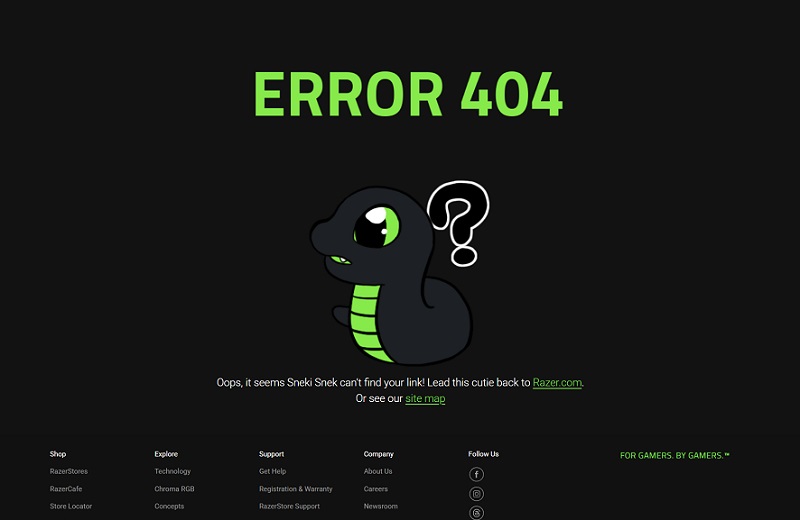 Screenshot der 404-Fehlermeldung Screenshot einer 404-Fehlermeldung auf der Razer-Website