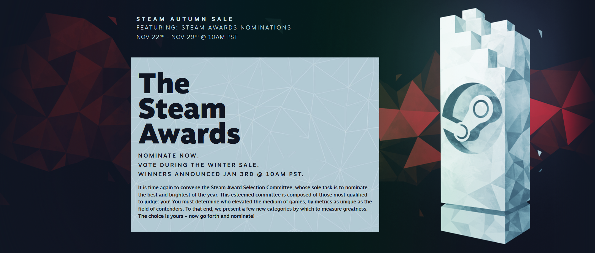 Steam setzt den Herbstverkauf bis zum 29. November fort und bietet außerdem die Möglichkeit, für die The Steam Awards abzustimmen, für die es 11 Nominierungen gibt-2 Steam setzt den Herbstverkauf bis zum 29. November fort und bietet außerdem die Möglichkeit, für die The Steam Awards abzustimmen, für die es 11 Nominierungen gibt-2