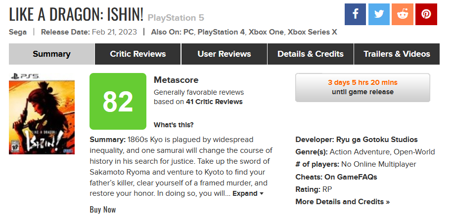 Wie ein Drache: Ishin! hat die ersten Kritiken von Journalisten erhalten. Das Spiel hat 82 Punkte von 100 auf Metacritic-2 Wie ein Drache: Ishin! hat die ersten Kritiken von Journalisten erhalten. Das Spiel hat 82 Punkte von 100 auf Metacritic-2
