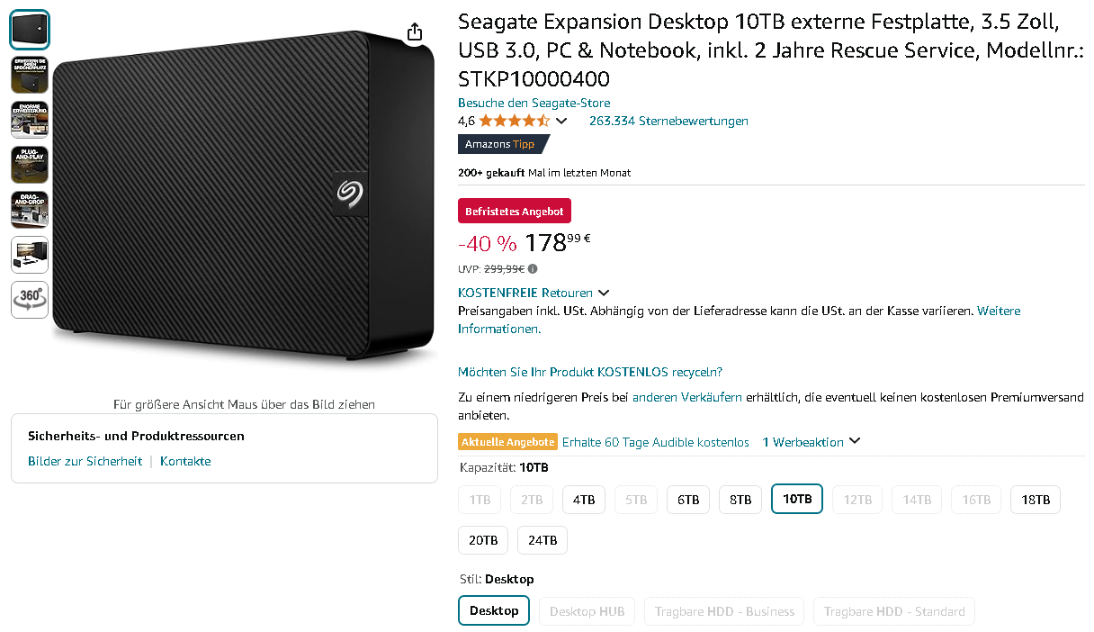Seagate Expansion Desktop 10TB Produktbild Screenshot der Seagate Expansion Desktop 10TB