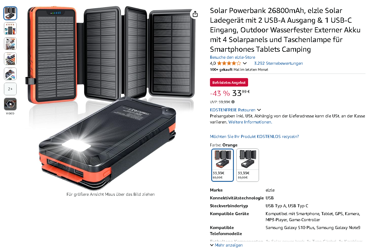 Screenshot der elzle Solar Powerbank. Quelle: Amazon