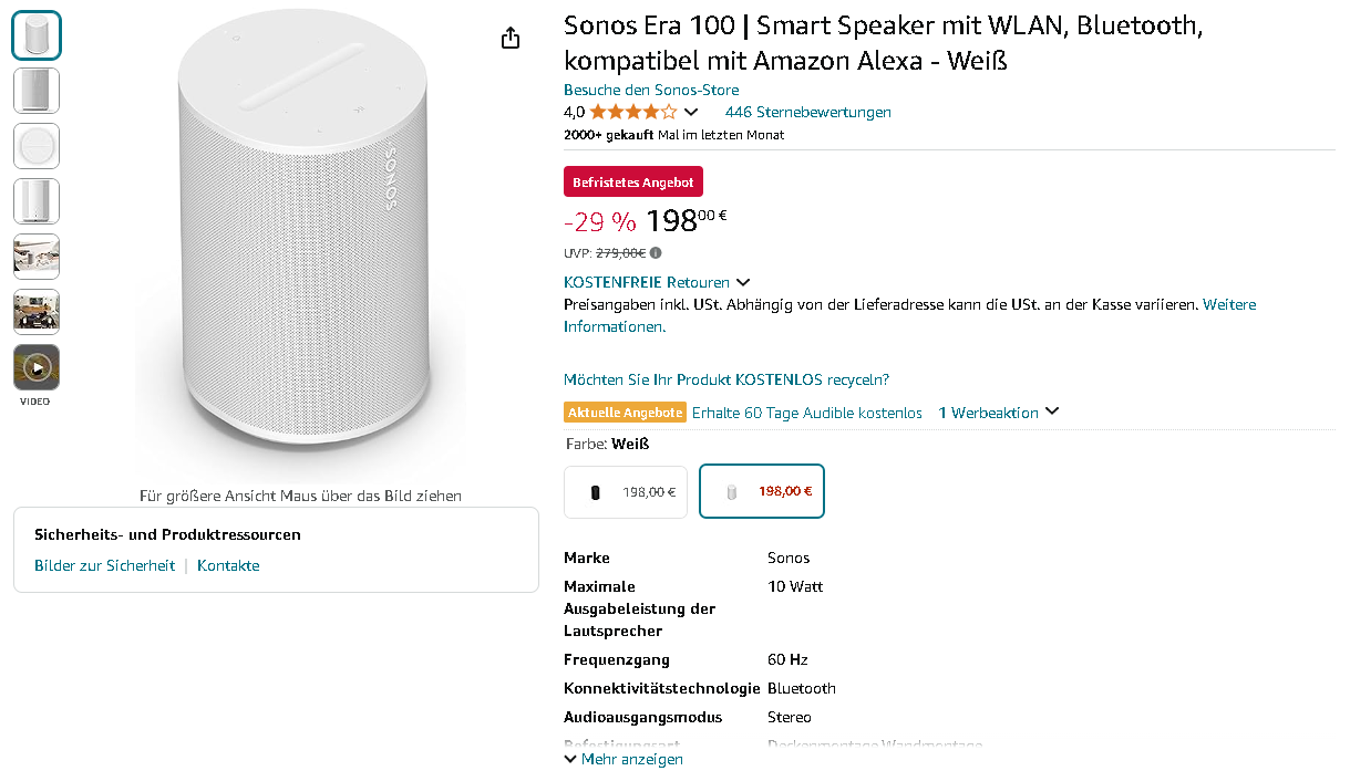 Sonos Smart Speaker Sonos Era 100 Smart Speaker