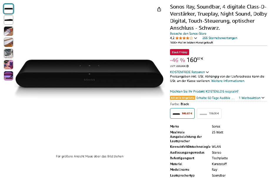 Screenshot der Sonos Ray Soundbar Sonos Ray Kompakt-Soundbar Screenshot