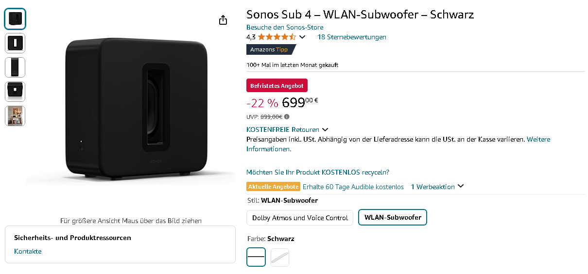 Sonos Sub 4 auf Amazon Screenshot der Sonos Sub 4