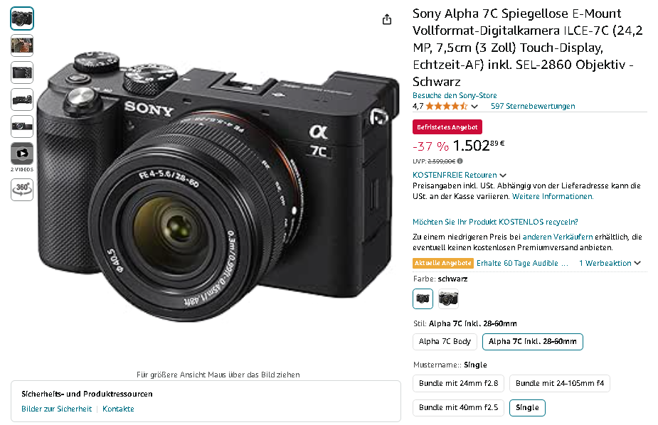 Sony Alpha 7C Kamera Screenshot der Sony Alpha 7C Kamera