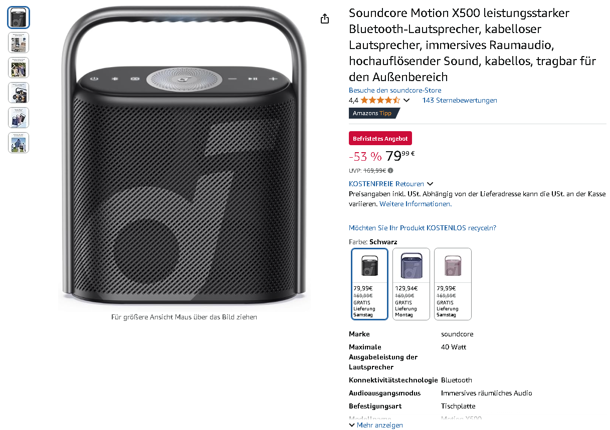 Screenshot der Soundcore Motion X500 Soundcore Motion X500 Bluetooth-Lautsprecher