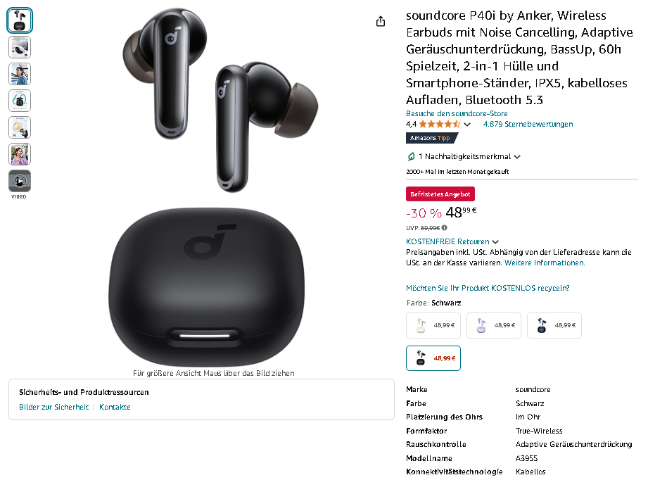 Soundcore P40i Kopfhörer Screenshot der Soundcore P40i, Quelle: Amazon