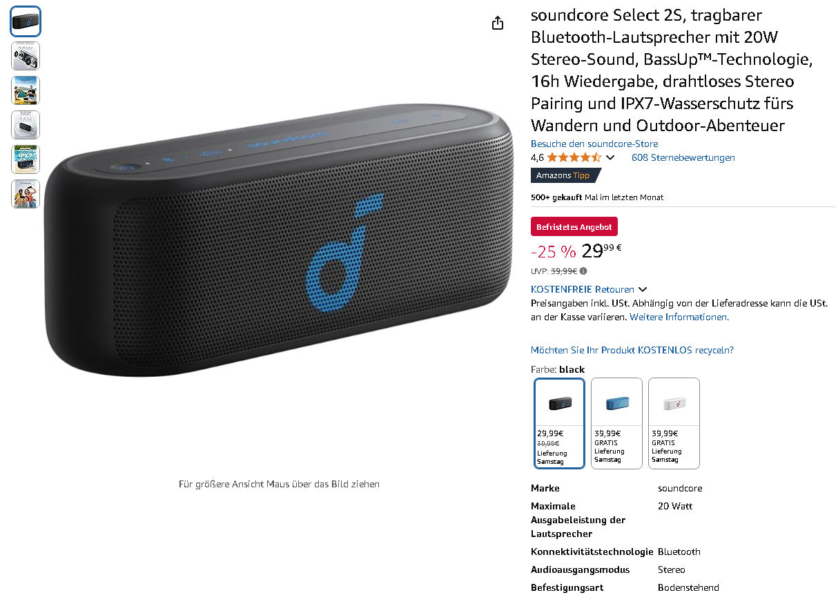 Screenshot der Soundcore Select 2S Lautsprecher