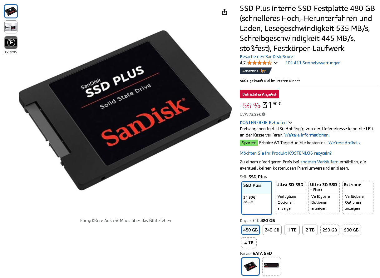 Screenshot der SanDisk SSD Plus 480 GB