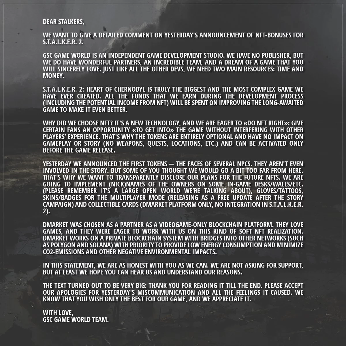 Entwickler S.T.A.L.K.E.R. 2: Heart of Chernobyl gab die Idee der Einführung von NFT aufgrund der Empörung der Spieler auf Entwickler S.T.A.L.K.E.R. 2: Heart of Chernobyl gab die Idee der Einführung von NFT aufgrund der Empörung der Spieler auf