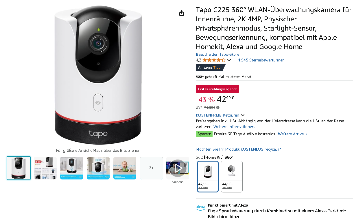 Screenshot der Tapo C225 Überwachungskamera