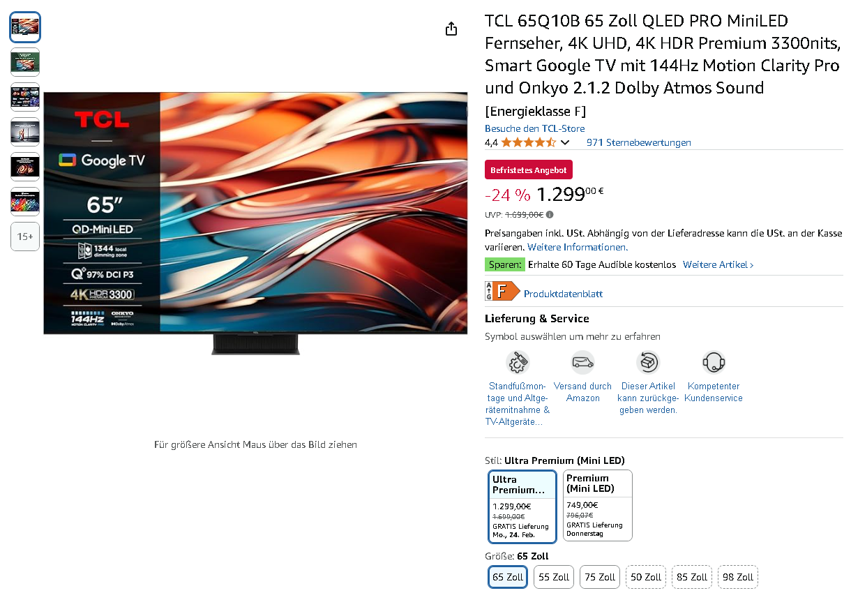 TCL 65Q10B Mini-LED Fernseher Screenshot der TCL 65Q10B Fernseher