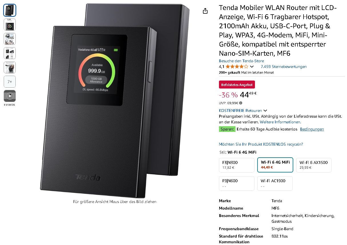 Tenda MF6 Mobiler WLAN Router Screenshot der Tenda MF6. Quelle: Amazon