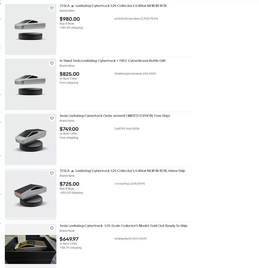 Ein Screenshot der Anzeigen für den zu verkaufenden Miniatur-Tesla-Cybertruck Ein Screenshot der Anzeigen für den zu verkaufenden Miniatur-Tesla-Cybertruck